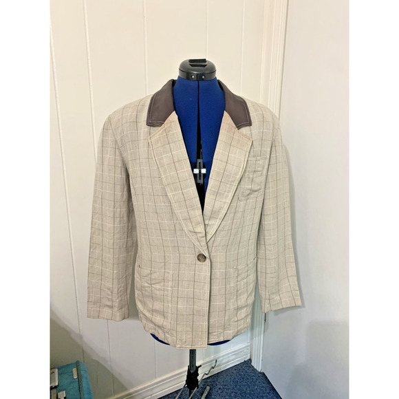 Jenny Max NYC Jackets & Blazers - Vintage Jenny Max NYC Linen Blazer Size 10 Faux Leather Collar 90's Work Career